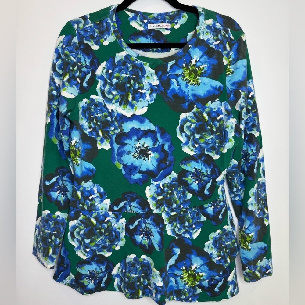 Isaac Mizrahi Poppy Floral French Terry Peplum Top Green Large